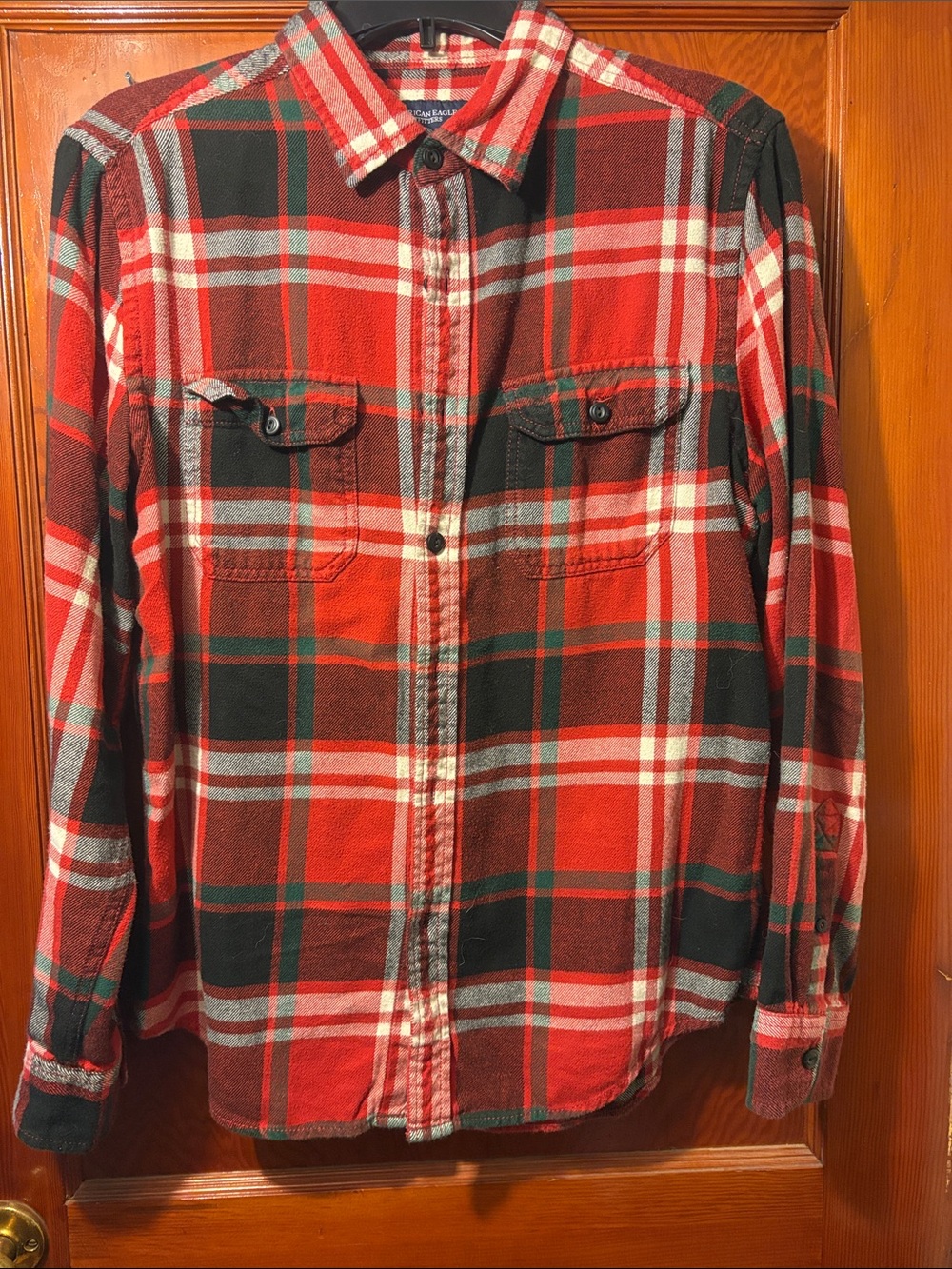 American Eagle Outfitters Red and Green Plaid Button-Down Shirt